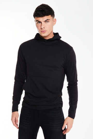 Model wearing 'Collusive' hoodie sale top in black