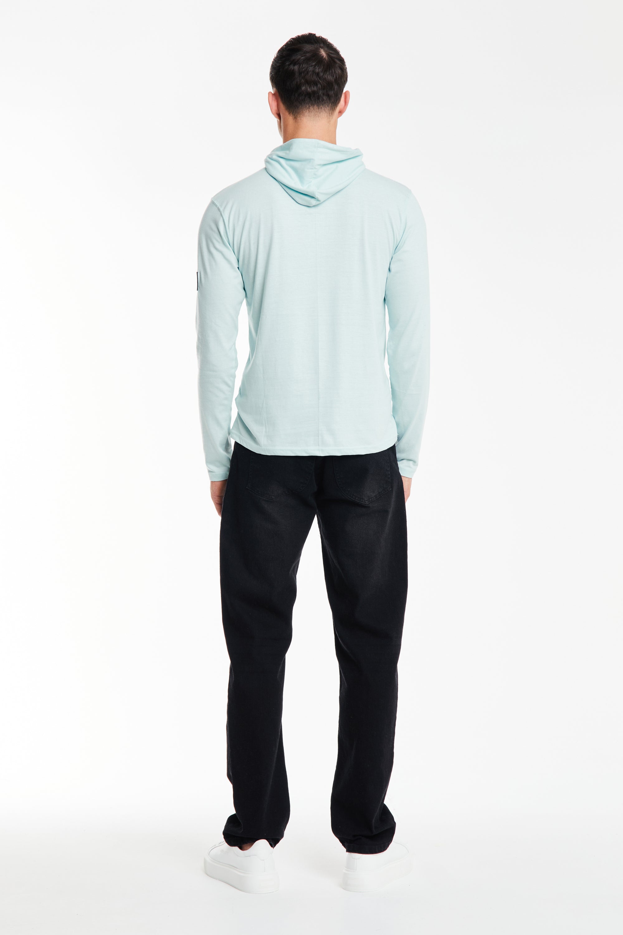 back profile of a men&#39;s hoodies sale in blue