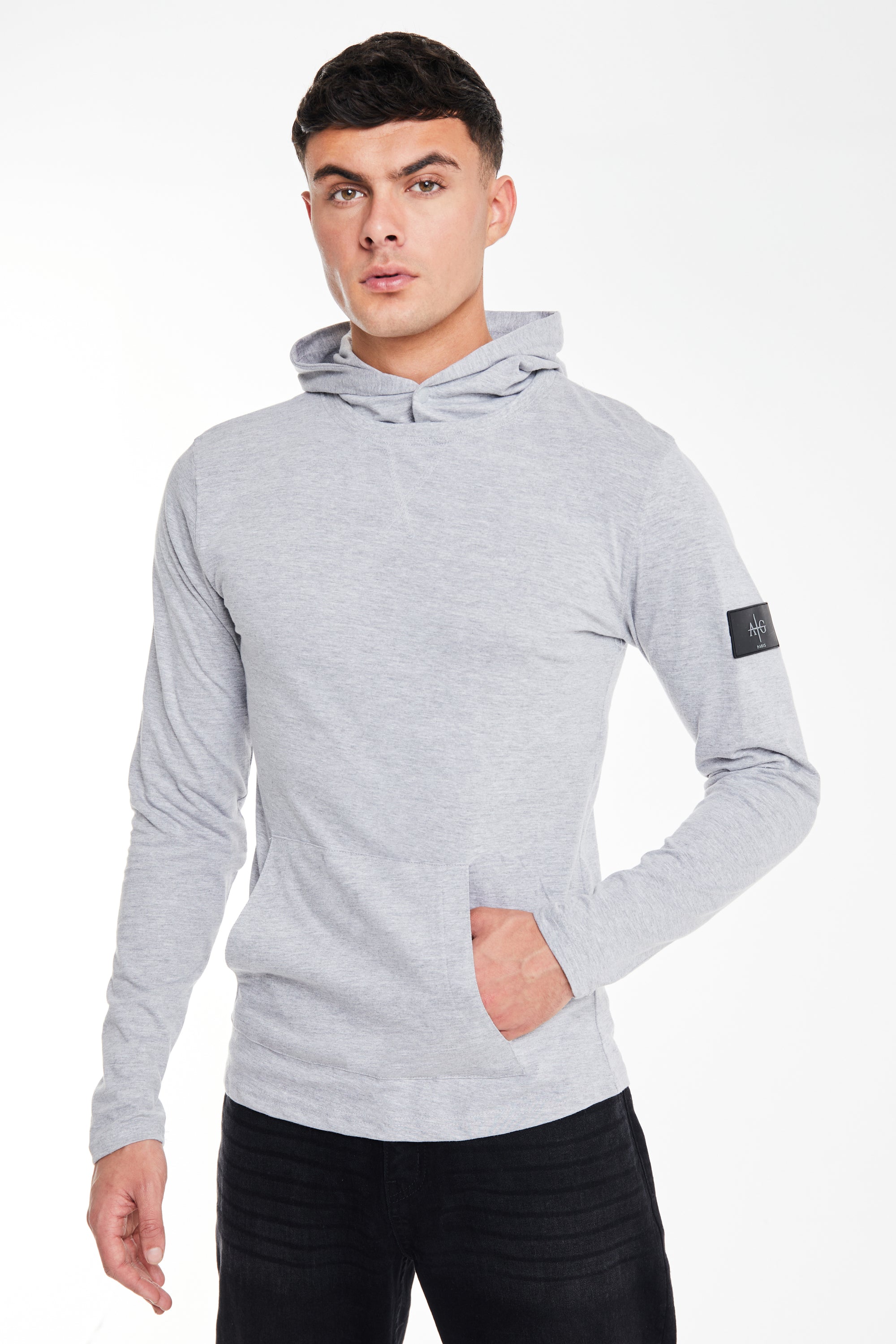 model wearing men&#39;s hoodies sale in light grey