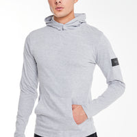 model wearing men's hoodies sale in light grey