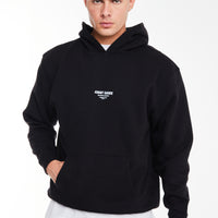 front profile of mens hoodies sale in black with small 'Avant Garde Logo' in white