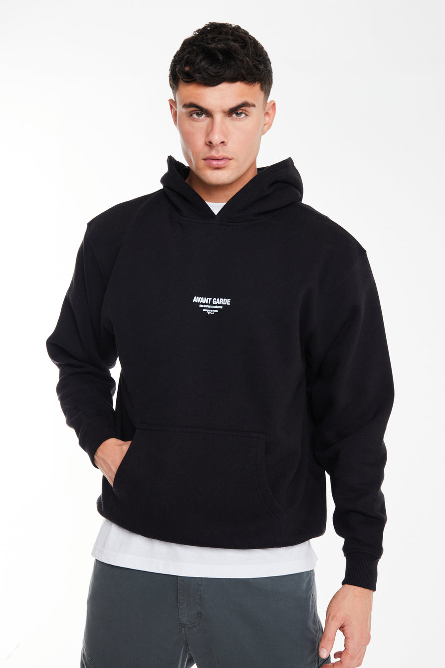 front profile of mens hoodies sale in black with small 'Avant Garde Logo' in white