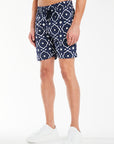 model wearing men's summer twin sets with a blue and white pattern