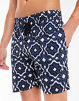 close up of men's twinsets shorts in royal blue and white pattern