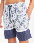 close up of men's summer twin set shorts with blue and white pattern