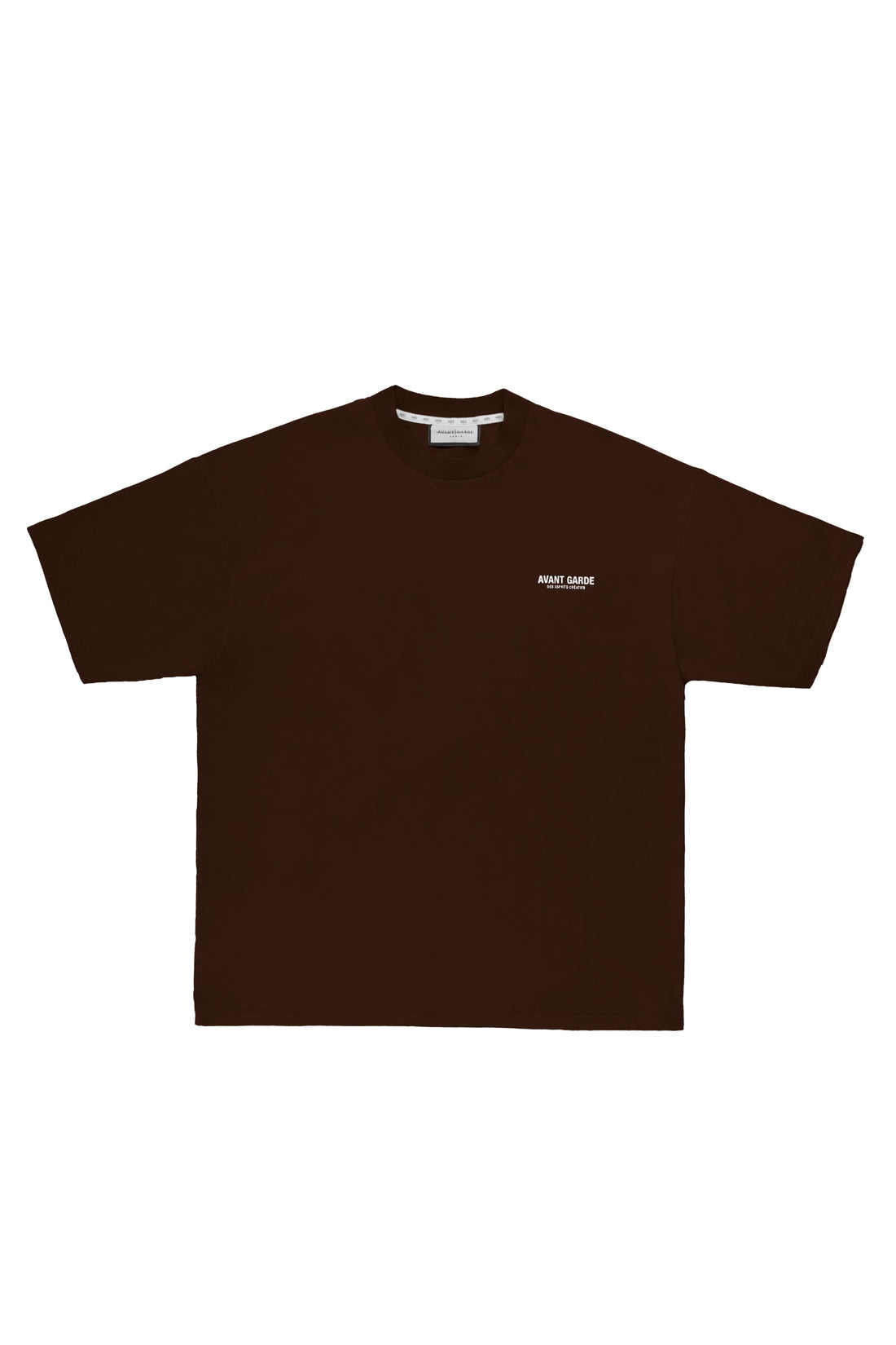 Front of branded mens t-shirt in chocolate brown