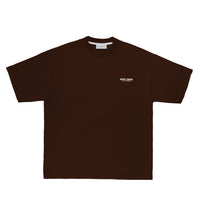 Front of branded mens t-shirt in chocolate brown