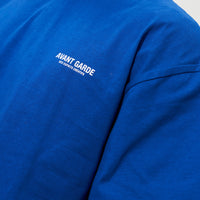 Close up of blue branded t-shirt