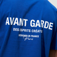 Back branding of royal blue Avant Garde T-shirt